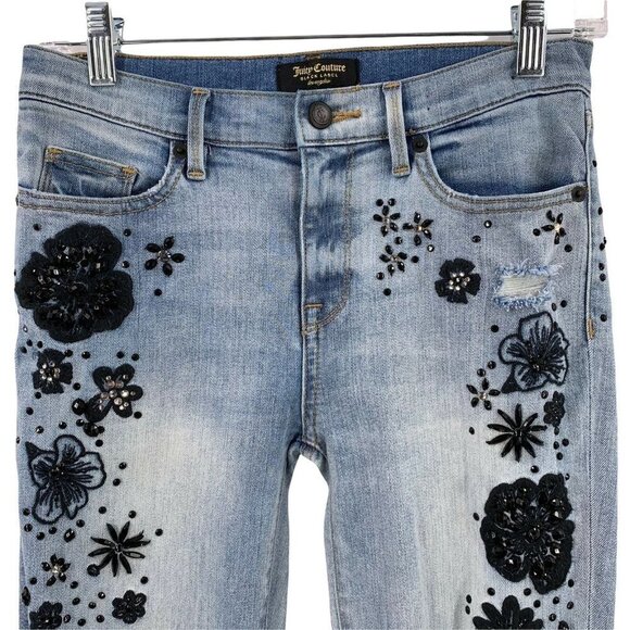 Juicy Couture Distressed Denim Beaded Raw Hem Skinny Jeans Size 25 - Picture 2 of 7